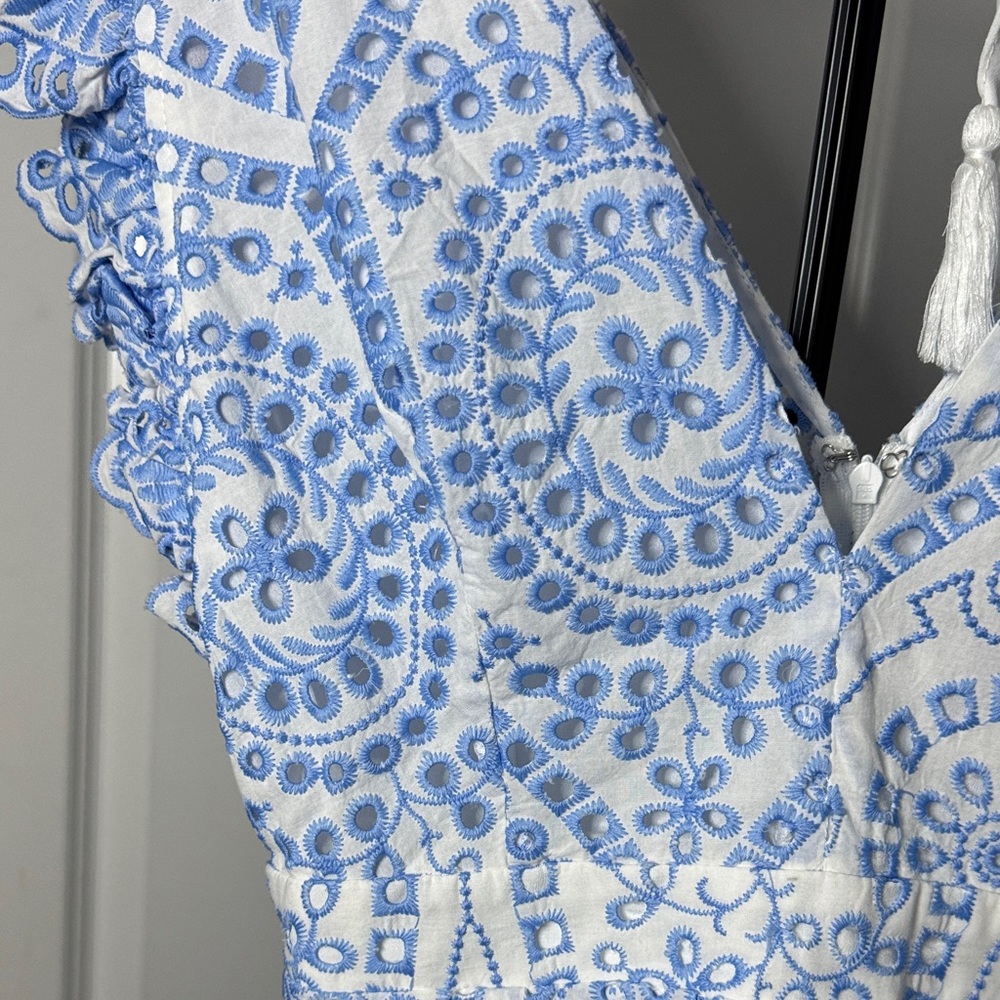 Light Blue & White Lace Romper - Women's V-Neck Jumpsuit - Picture 4 of 6